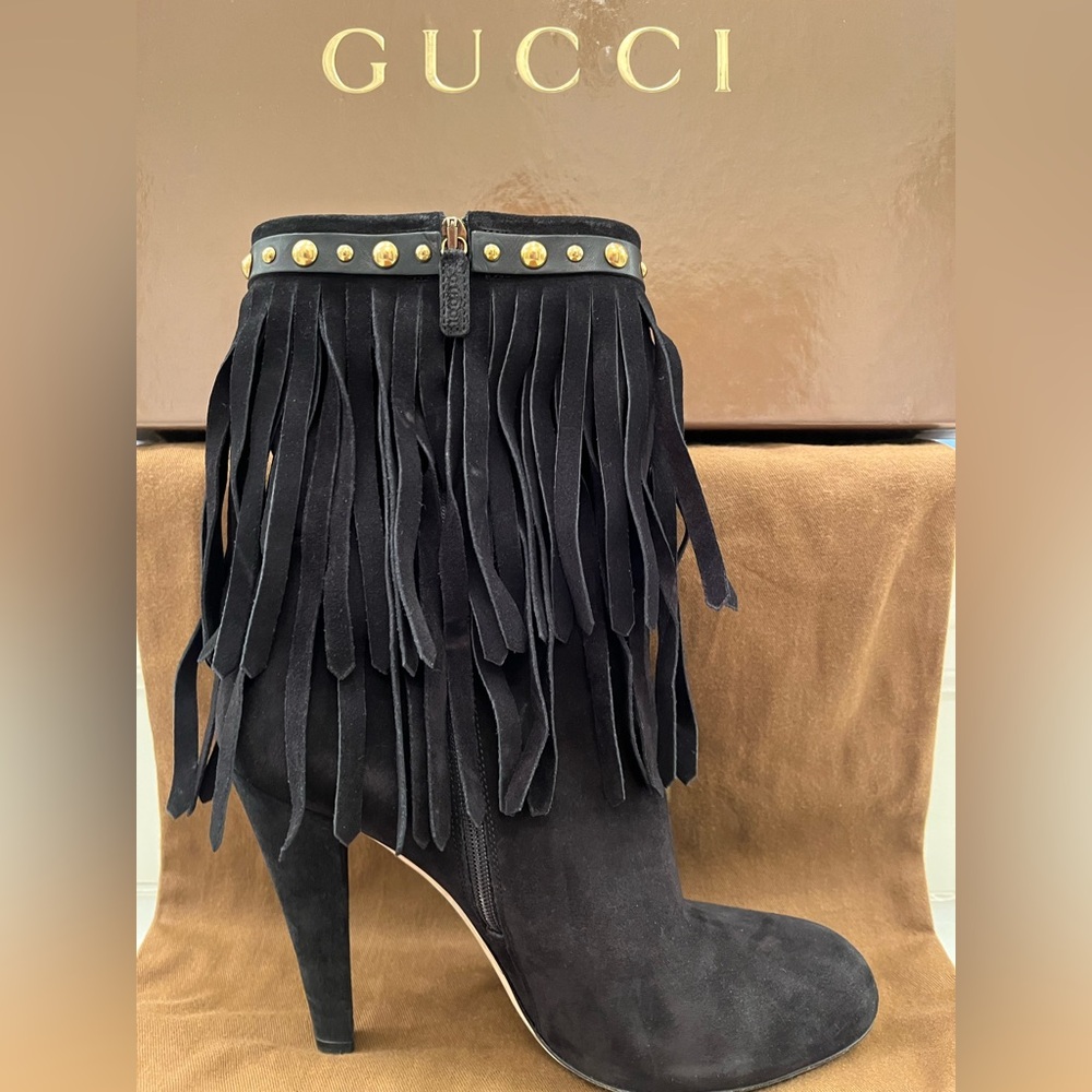 Black suede gucci fringe boots gold bling sz 40 MINT Fabulous for NYE Lifford - Picture 11 of 12